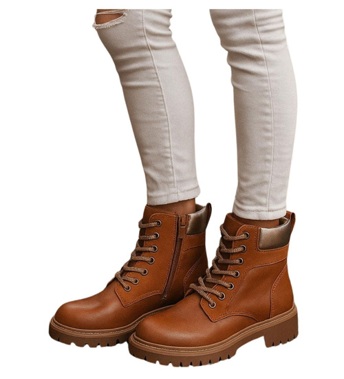 Sznurowane ocieplane botki trapery Karmelowe /E8-2 18266 W432/