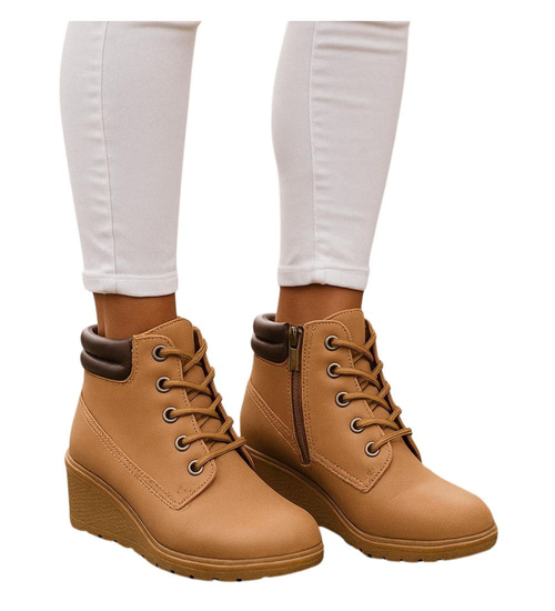 Kamelowe sznurowane botki na niskim koturnie /a10-2 +H2 16624 T7-38/
