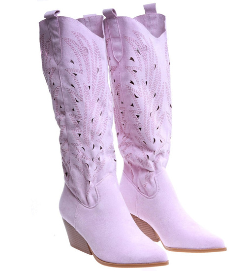 Ażurowe kozaki damskie na obcasie Fioletowe /B1-2 14753 T108/