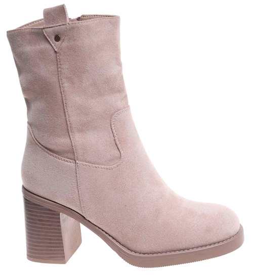 Beżowe eleganckie botki na grubym obcasie /F3-3 18283 W486/