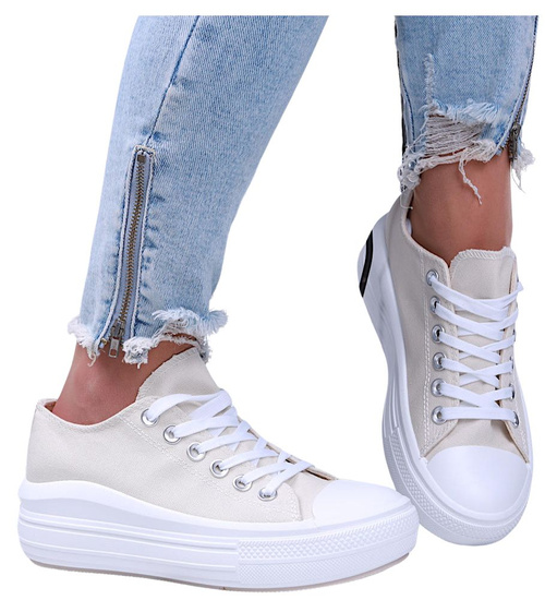 Beżowe wiązane damskie trampki na platformie /A1-3 15904 G158/