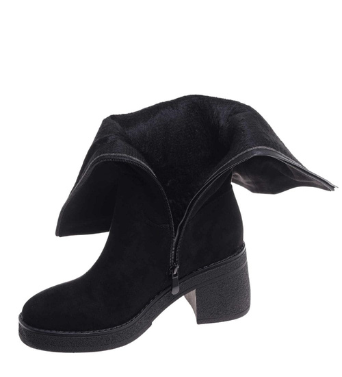 Czarne ocieplane kozaki damskie na obcasie i platformie /B5-1 18434 T6/