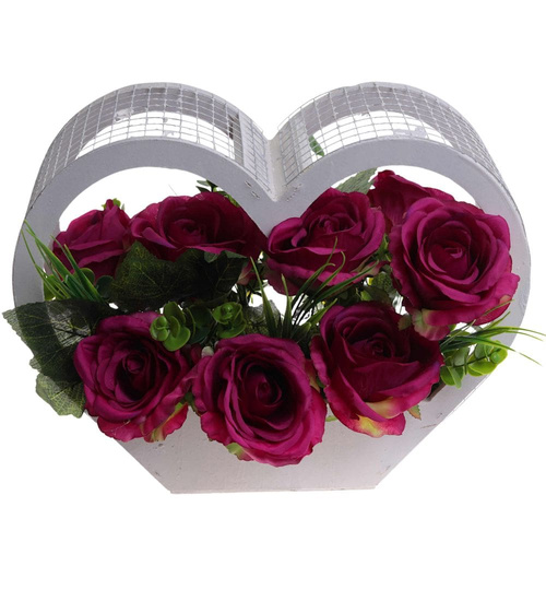 Kompozycja kwiatowa- fioletowe róże w dużym białym sercu /Komp111 P424/