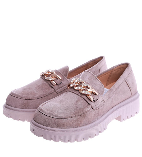 Półbuty loafersy na niskiej platfomie Khaki /E4-3 14874 T485/