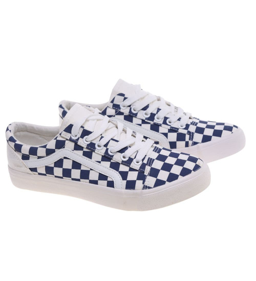 Sznurowane trampki damskie w granatową kratę ost513