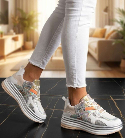 Beżowe damskie buty sportowe na platformie /C2-3 14724 T292/