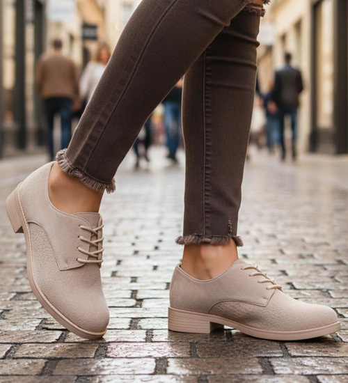 Beżowe baleriny damskie zamszowe oxfordy /J4-2 18621 W177/