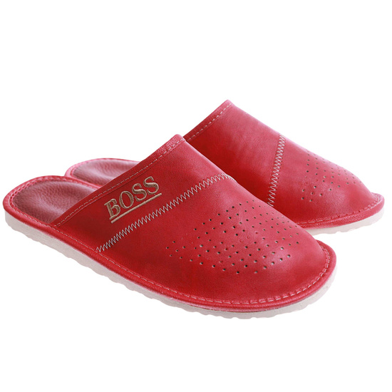 Kryte skórzane męskie klapki domowe BOSS Czerwone /G7-1 17322 S199/