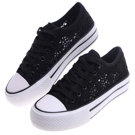 Koronkowe czarne trampki damskie na platformie /E9-2 17466 H2 G230/