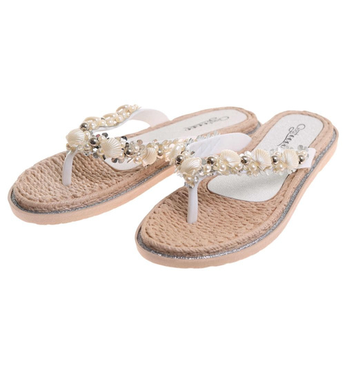 Białe plażowe damskie klapki japonki z muszelkami /C7-2 17877 T088/