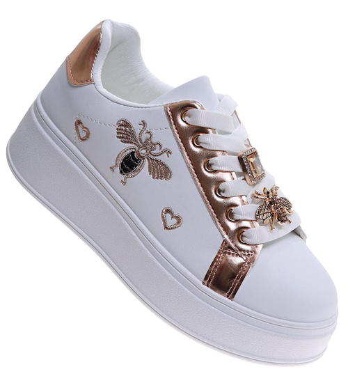 Białe sznurowane damskie trampki na platformie /B6-2 16909 T537/