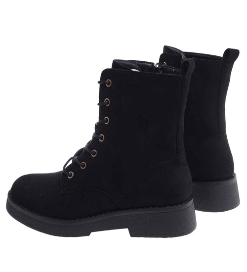 Czarne wiązane botki trapery zamszowe /A1-1 18389 W485/