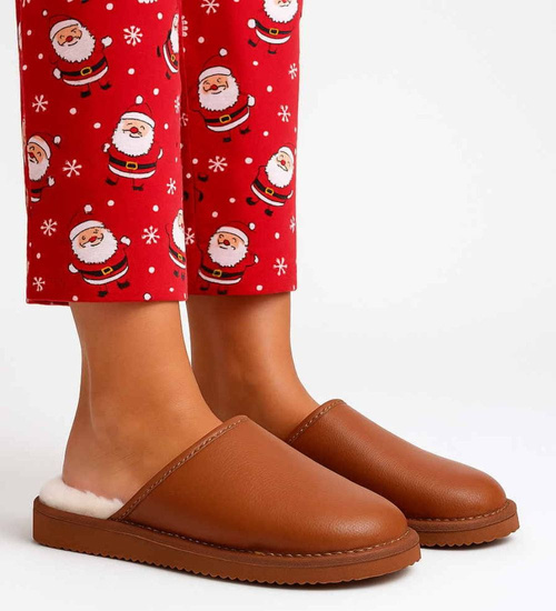 Skórzane brązowe kapcie damskie z wełną /C6-1 12796 S196/