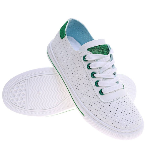 Ażurowe sznurowane biało zielone tenisówki damskie /E9-2 16242 G282/