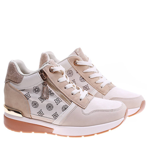 Beżowe damskie sneakersy na koturnie /G6-1 15911 D383/