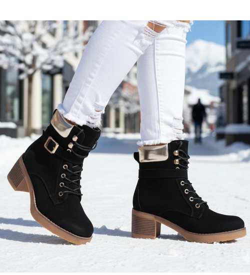 Czarne wiązane botki damskie zimowe /J5-2 18548 W2/