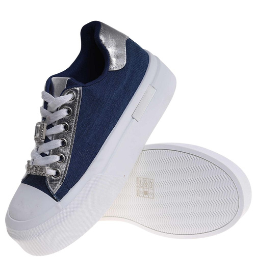 Materiałowe trampki na platformie granatowe /J5-318490 W6/