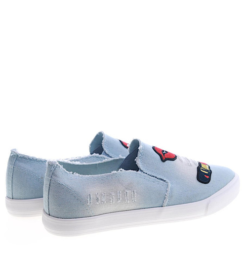 Niebieskie tenisówki damskie slip'on z naszywkami /G3-2 13406 T198/
