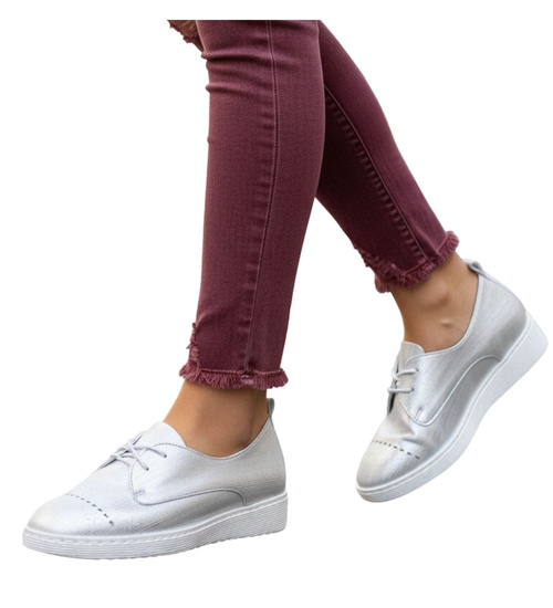 Lekkie wiosenne sznurowane półbuty Srebrne /A1-3 15439 T182/