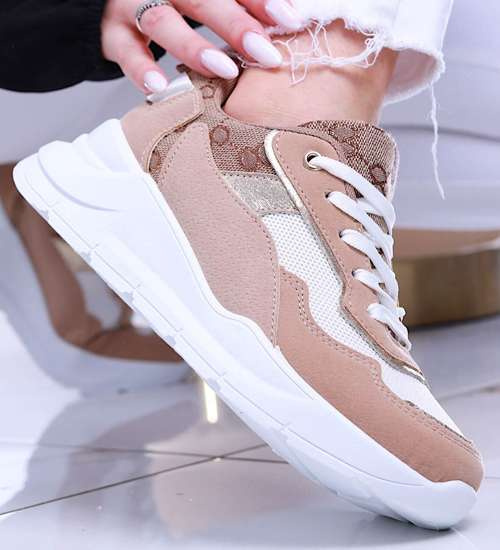 Wiązane sportowe buty damskie beżowe /D5-3 13920 T292/