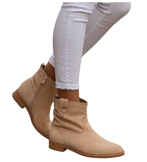 Zamszowe botki damskie na niskim koturnie Beżowe /A5-3+H2 12518 KH T266/