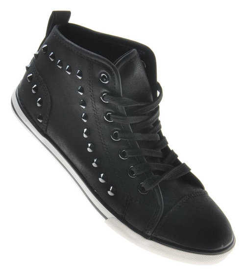 Wysokie modne trampki damskie czarne z dżetami /C7-3 7478 S098/