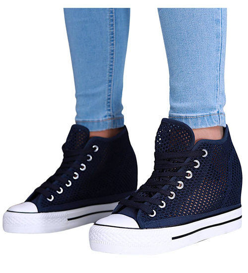 Ażurowe granatowe damskie trampki snekaersy na koturnie /C2-1 16174 T175/