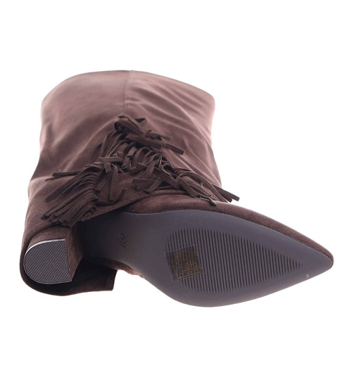 Czekoladowe kozaki boho do kolan na obcasie /F2-118586 G688/