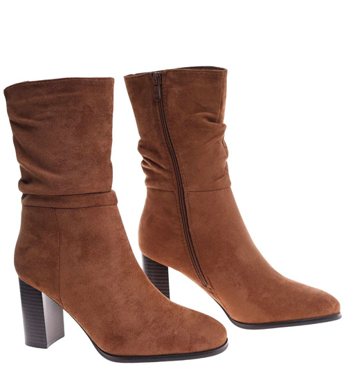 Karmelowe eleganckie botki na obcasie /C3-2 18411 W385/