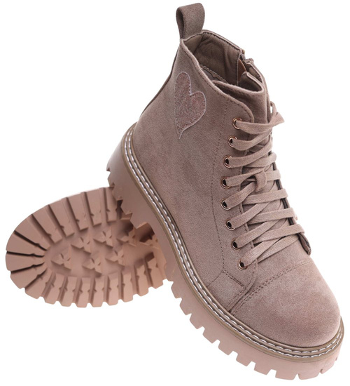 Sznurowane botki trapery na platformie Khaki /G5-2 18246 W437/