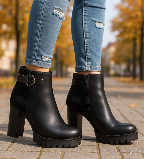 Czarne botki damskie na obcasie słupku /J5-4 H2 18439 W301/