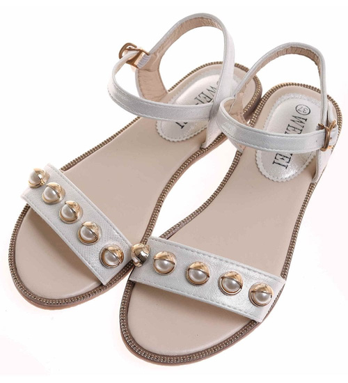 Sandały damskie na płaskim obcasie Srebrne /G6-2 17919 T132/