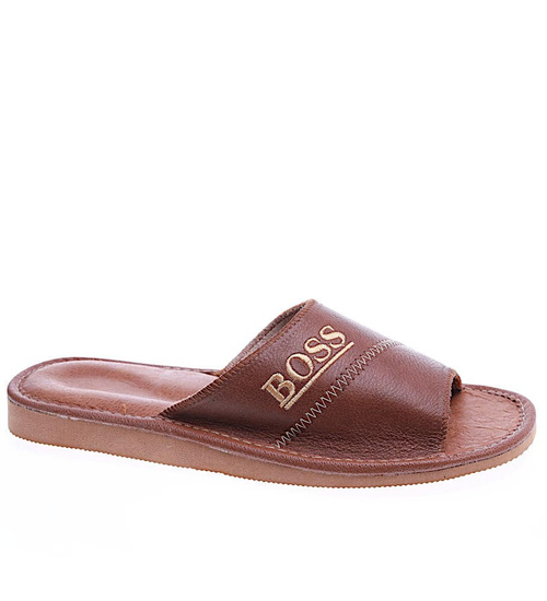 Skórzane męskie klapki domowe Brązowe /F9-1 14238 S196/