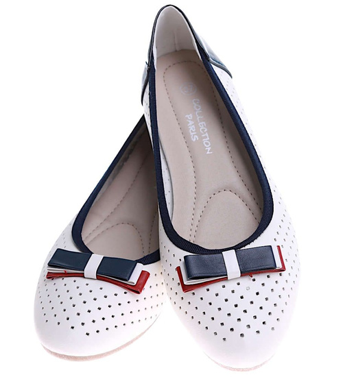 Biało granatowe ażurowe balerinki damskie z kokardką /A6-3 16150 T196/