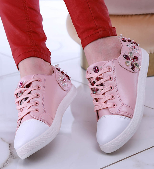 Modne damskie trampki z kamieniami Różowe /B1-2 13468 T128/