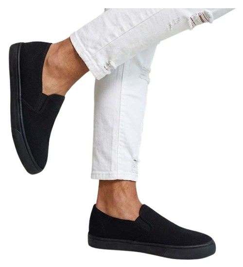 Czarne wsuwane męskie trampki slip on z tkaniny /A1-2 18148 T285/