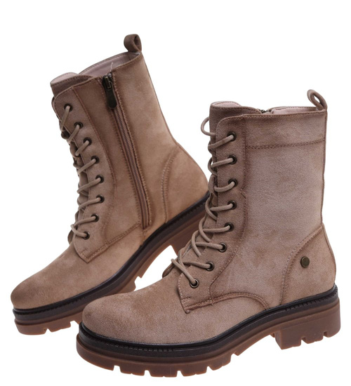 Beżowe wiązane botki trapery na platformie /C7-3 18280 W600/