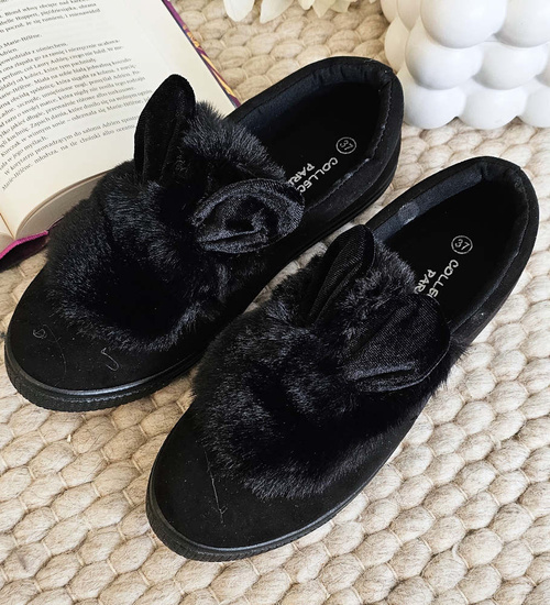 Wsuwane czarne zamszowe trampki z uszami slip on /E1-2 15624 T037/