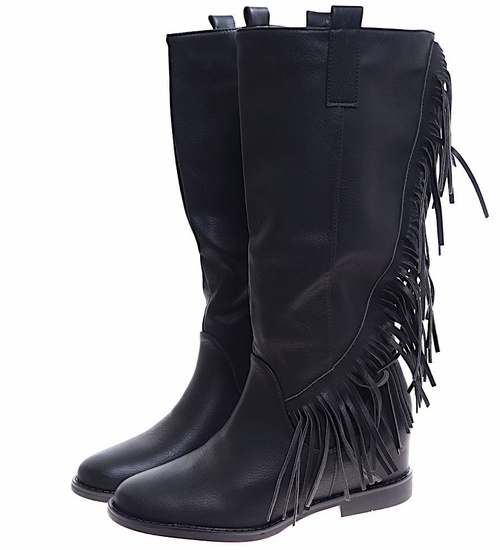 Czarne kozaki z frędzlami na niskim koturnie wsuwane /H2 14903 G285/