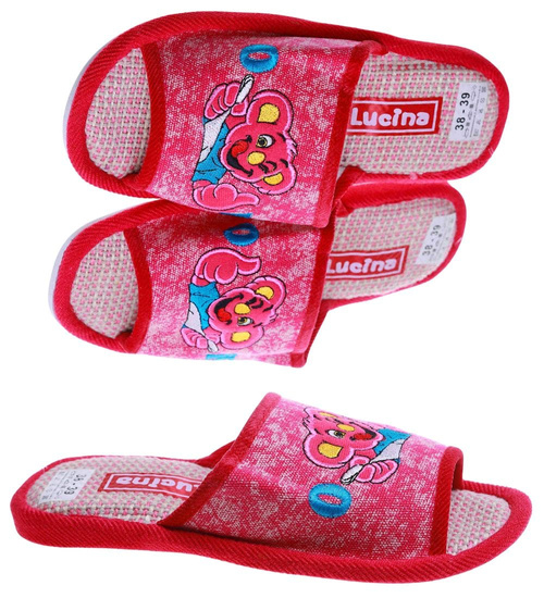 Fuksjowe materiałowe kapcie damskie /G3-1 17589 T2-5/