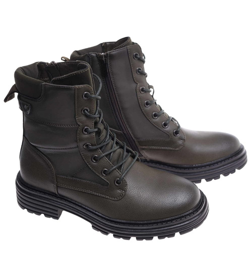 Sznurowane ocieplane botki trapery Zielone /E8-3 18254 W430/