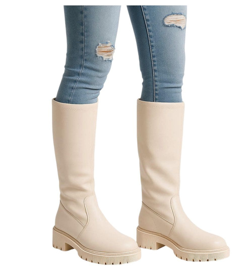 Beżowe kozaki damskie z suwakiem /D8-3 18134 T397/