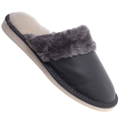 Skórzane szare kapcie damskie z wełną /G4-1 18466 S196/