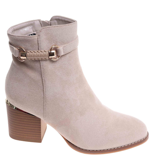 Botki damskie ocieplane na niskim obcasie Beżowe /F2-2 18239 W422/