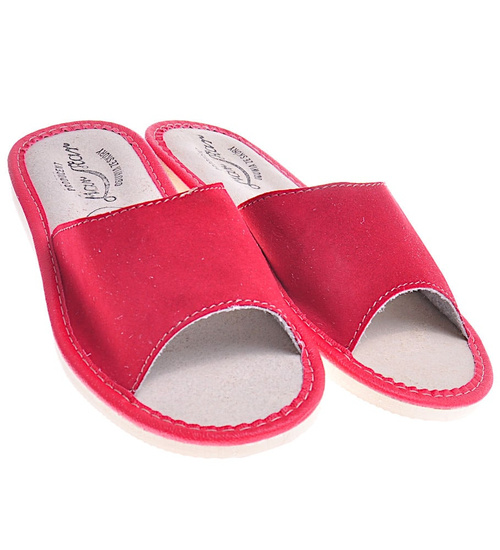 Profiolowane klapki domowe z naturalej skóry Czerwone /D3-1 10715 H153/