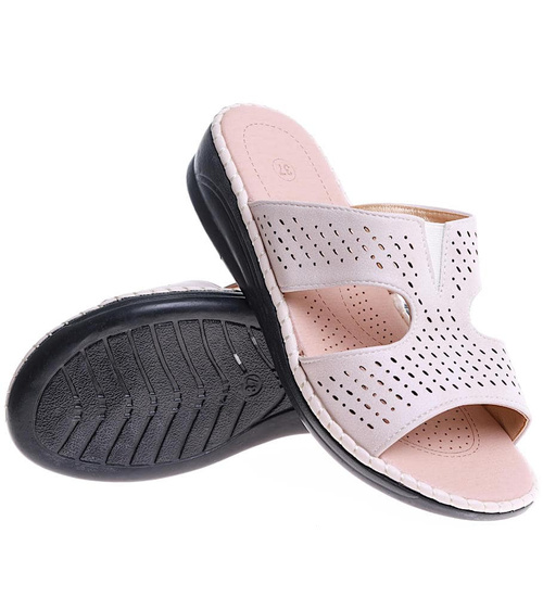 Beżowe damskie klapki na niskim płaskim obcasie /B7-2 16139 T280/