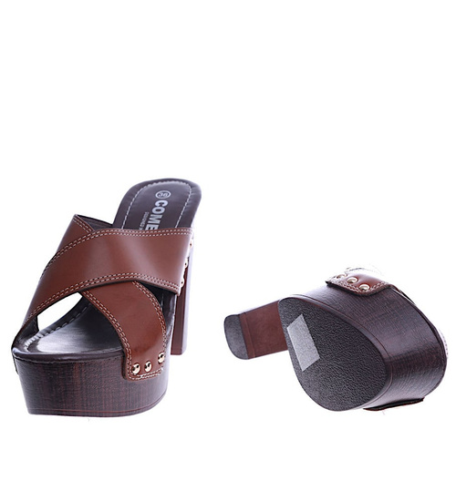 Wysokie brązowe klapki na słupku i platformie /F6-1 14138 T214/