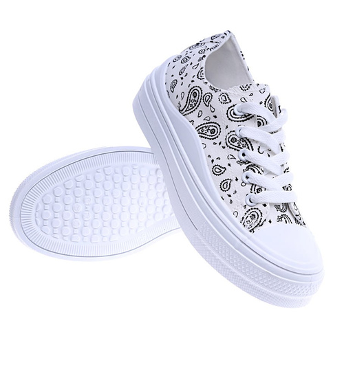 Biało czarne damskie trampki na platformie /B6-2 13768 S197/