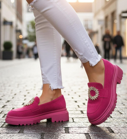 Fuksjowe półbuty loafersy damskie na platformie /J4-2 18622 W147/
