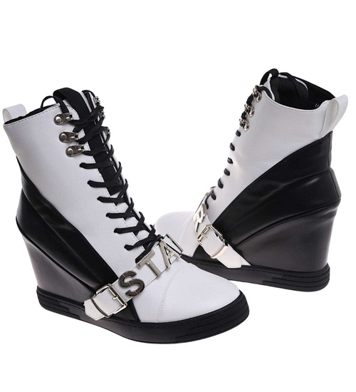 Sznurowane biało czarne trampki sneakersy koturnie /C1-3 18050 T284/